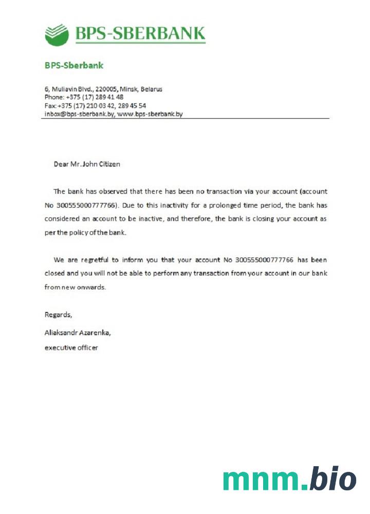 Białoruś BPS - przykład zamknięcia Sbierbanku w formatach Word i PDF